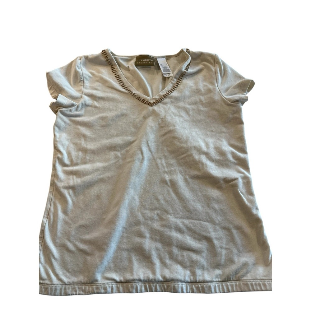 Liz Claiborne Beaded Neck Blouse Top Size SMALL Short Sleeves Sheer‎ Womens EUC